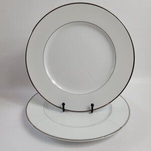 TWO Style House Fine China Wedding Band Dinner Plates White with Platinum Trim